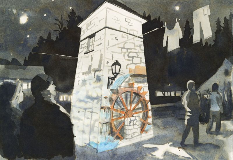 Illustration Projektion eines Wasserrads auf Turm