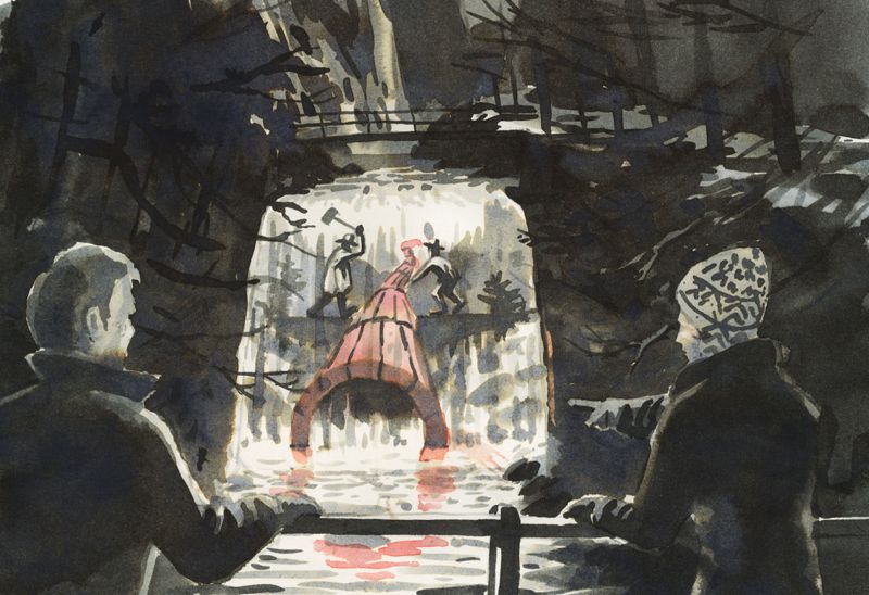 Illustration Projektion von Arbeitern auf Wasserfall