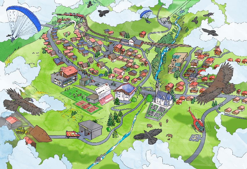 Illustration Wimmelbild Dorf aus der Vogelperspektive