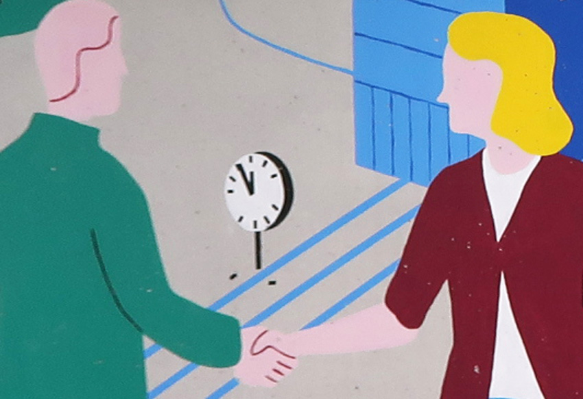 Illustration Detail: Mann und Frau schütteln sich die Hand