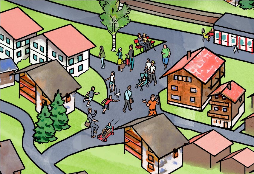 Illustration Detail Dorfplatz mehr Bewohner